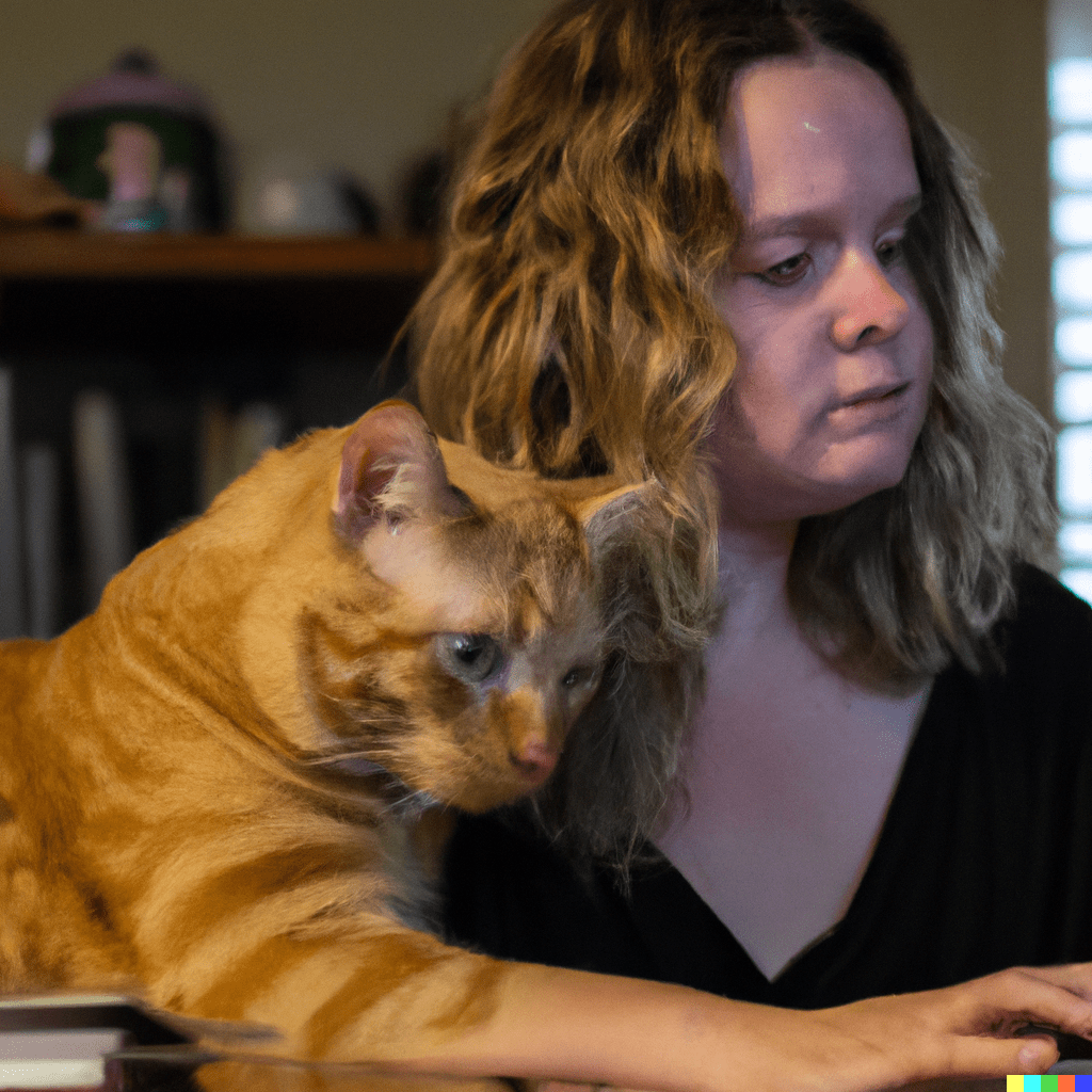female blog writer with medium-length hair sitting in front of a laptop at her desk with an orange cat laying on the desk beside the laptop